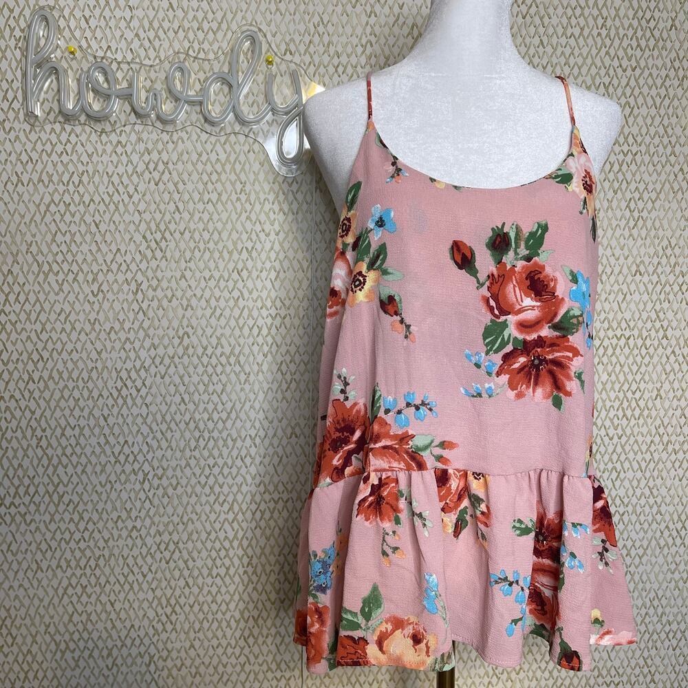 How Very Loved Pink Floral Loose Fit Ruffle Hem Racer Back Tank Top Size S